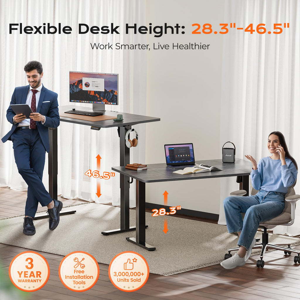 Huuger 48 x 28 Large Electric Standing Desk, Height Adjustable Desk, 27.6" Deep Desktop, Stand up Gaming, 2 Hooks, 3 Preset Heights, for Home Office, Black