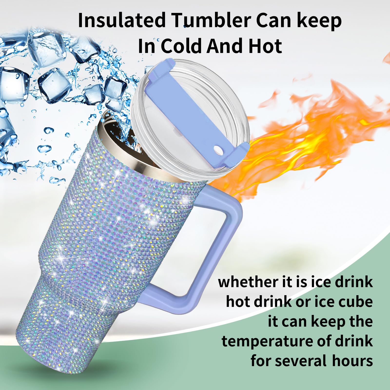 HWISDMIG 40oz Tumbler with Handle-Glitter Rhinestones Tumbler Bling Cups Stainless Steel Water Bottle Diamond Studded Tumbler for Women-Birthday Gifts for Women, Mom, Girlfriend (Amethyst)