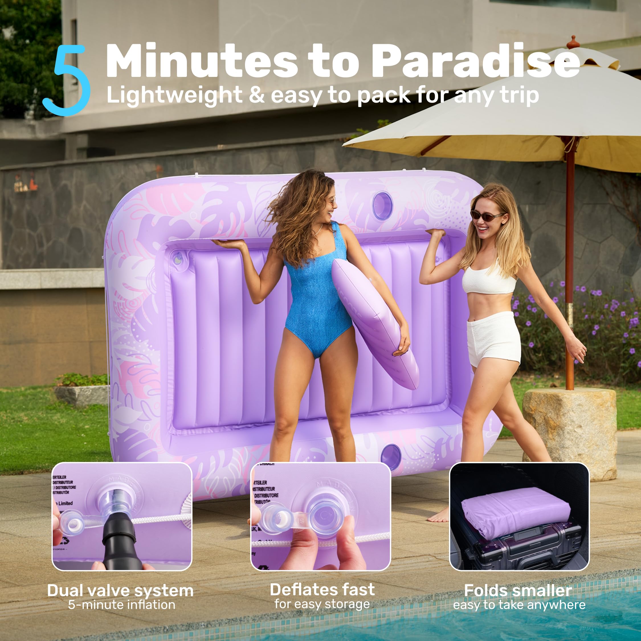 SLOOSH Inflatable Tanning Pool Lounger Float, 85" x 57" Extra Large Pool Floats Adult with Pillow, 4 in 1 Suntan Tub Raft Floatie,Sunbathing Bed Lounge for Water Blow Up Ball Pit Party Gifts, XL-Blue