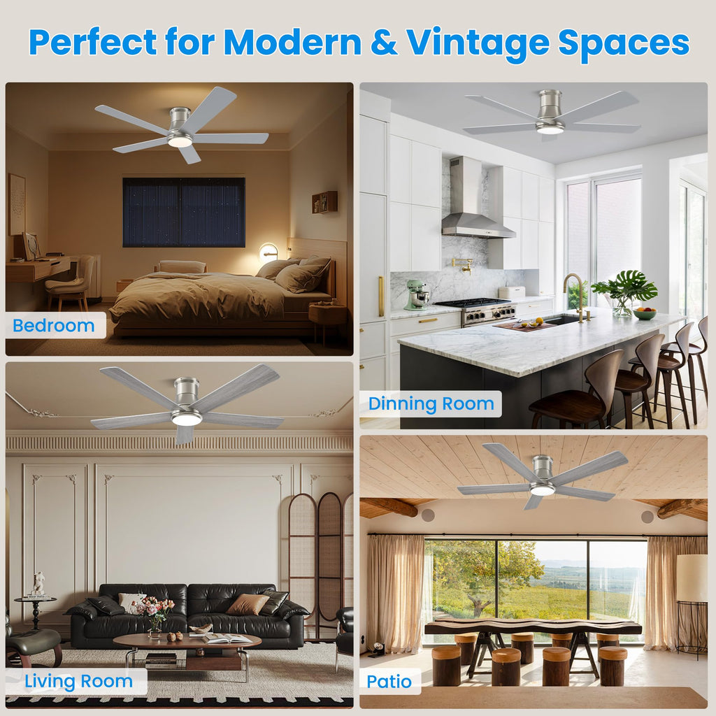 42 Inch Low Profile Ceiling Fan with Light, White Ceiling Fans with Lights and Remote, Flush Mount, 6 Speeds Reversible Quiet DC, 3CCT Dimmable, Indoor Outdoor Ceiling Fans for Patios Bedroom