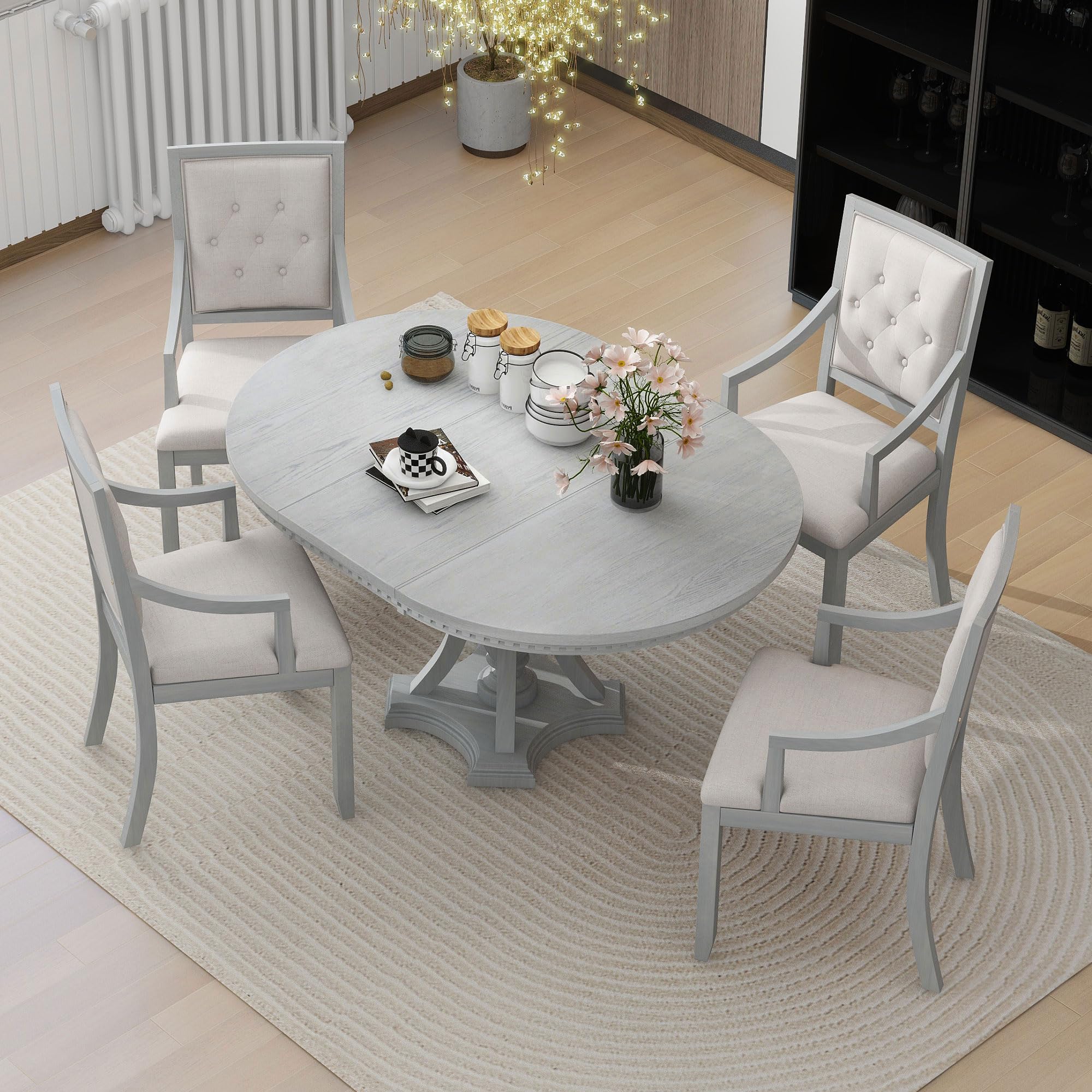 LUMISOL 5-Piece Dining Table Set for 4, Farmhouse Round Kitchen Table Set with Special Shaped Legs and 4 Upholstered Chairs for Kitchen, Dining Room, Small Space, Antique Blue