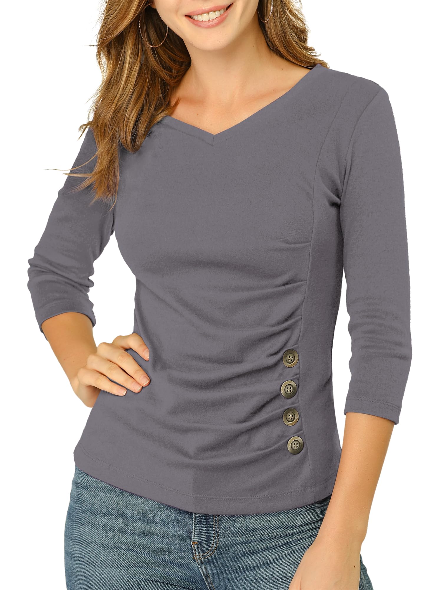 Allegra K Women's V Neck Tops 3/4 Sleeves Solid Knitted Buttons Decor Ruched Blouse