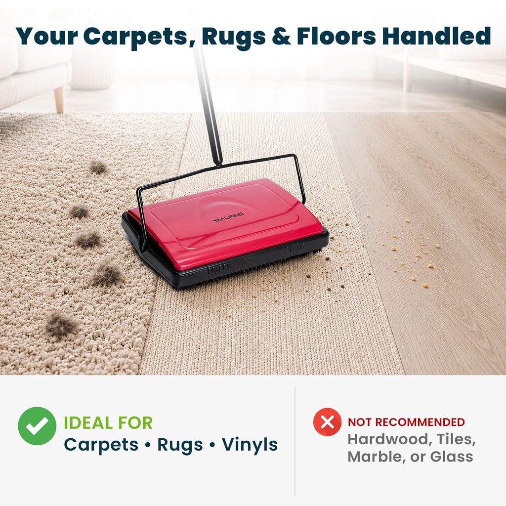 Alpine Manual Carpet Sweeper Triple Brush – Cordless Non Electric Multi-Surface Floor Brush Hardwood Floor Cleaner Easy Sweeping for Carpeted Floors (Improved Black)