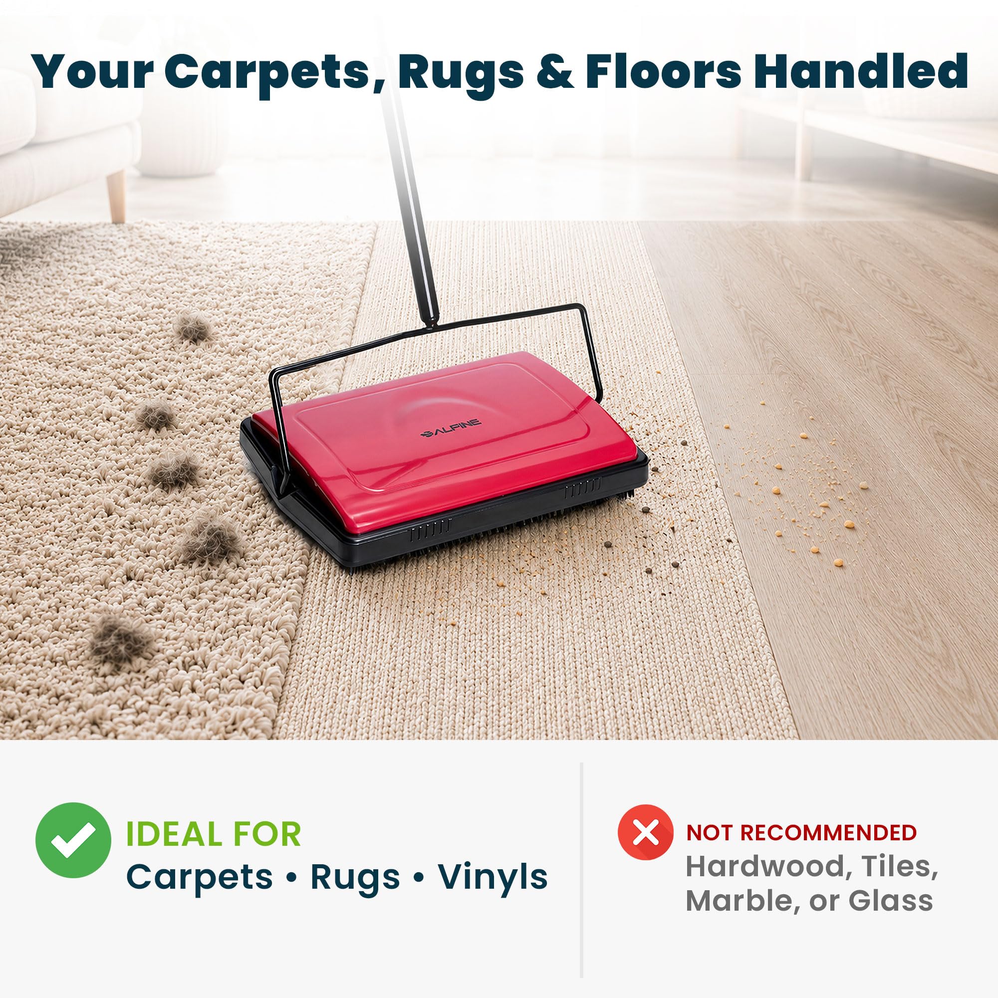 Alpine Manual Carpet Sweeper Triple Brush – Cordless Non Electric Multi-Surface Floor Brush Hardwood Floor Cleaner Easy Sweeping for Carpeted Floors (Improved Black)