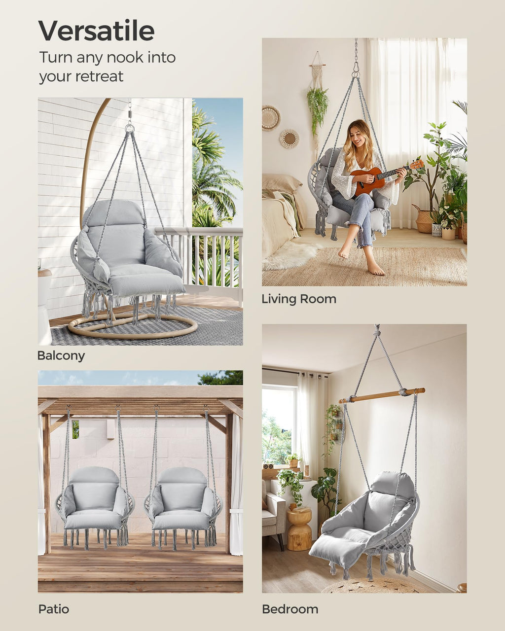 SONGMICS Hanging Chair, Hammock Chair with Large, Thick Cushion, Boho Swing Chair for Bedroom, Patio, Balcony, Garden, Holds up to 264 lb, Accessories Included, Cream White UGDC042M01