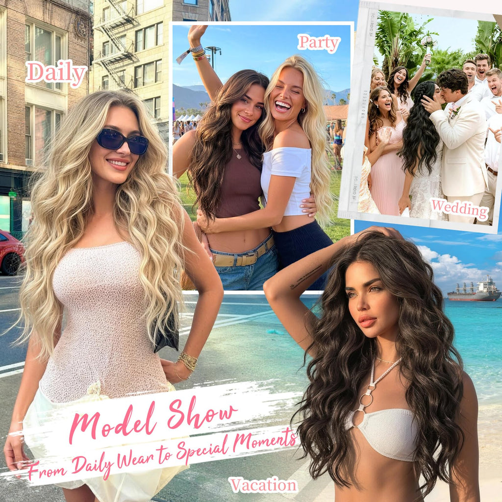 KooKaStyle Clip in Synthetic Hair Extensions Long Wavy 4PCS Thick Hairpieces Balayage Chocolate Brown to Caramel Blonde 10H26 Fiber Double Weft Natural Hair Extensions 16 Inch for Women
