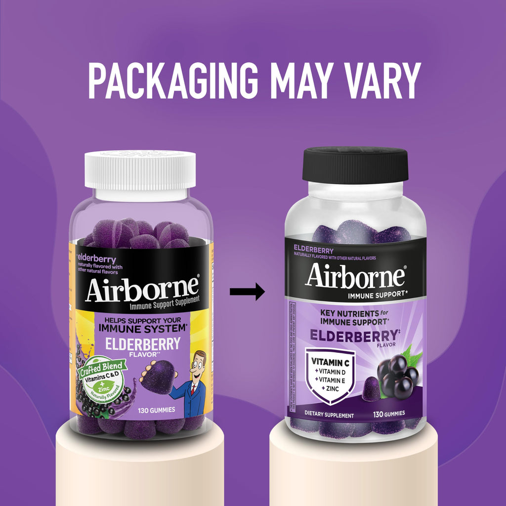 Airborne Elderberry + Zinc & Vitamin C Gummies For Adults, Immune Support Vitamin D & Zinc Gummies With Powerful Antioxidant Vitamins C D & E - 50 Gummies, Elderberry Flavor