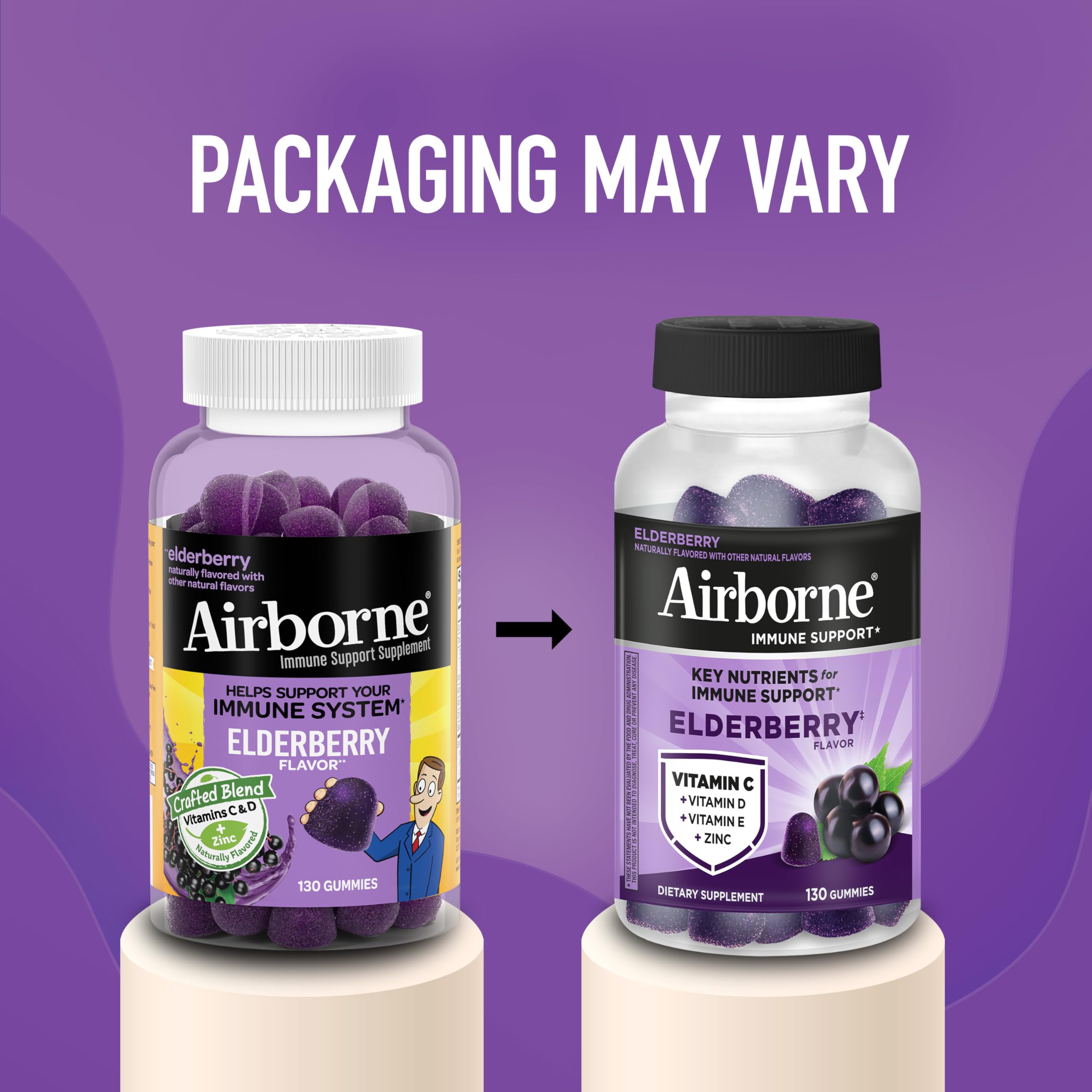 Airborne Elderberry + Zinc & Vitamin C Gummies For Adults, Immune Support Vitamin D & Zinc Gummies With Powerful Antioxidant Vitamins C D & E - 50 Gummies, Elderberry Flavor