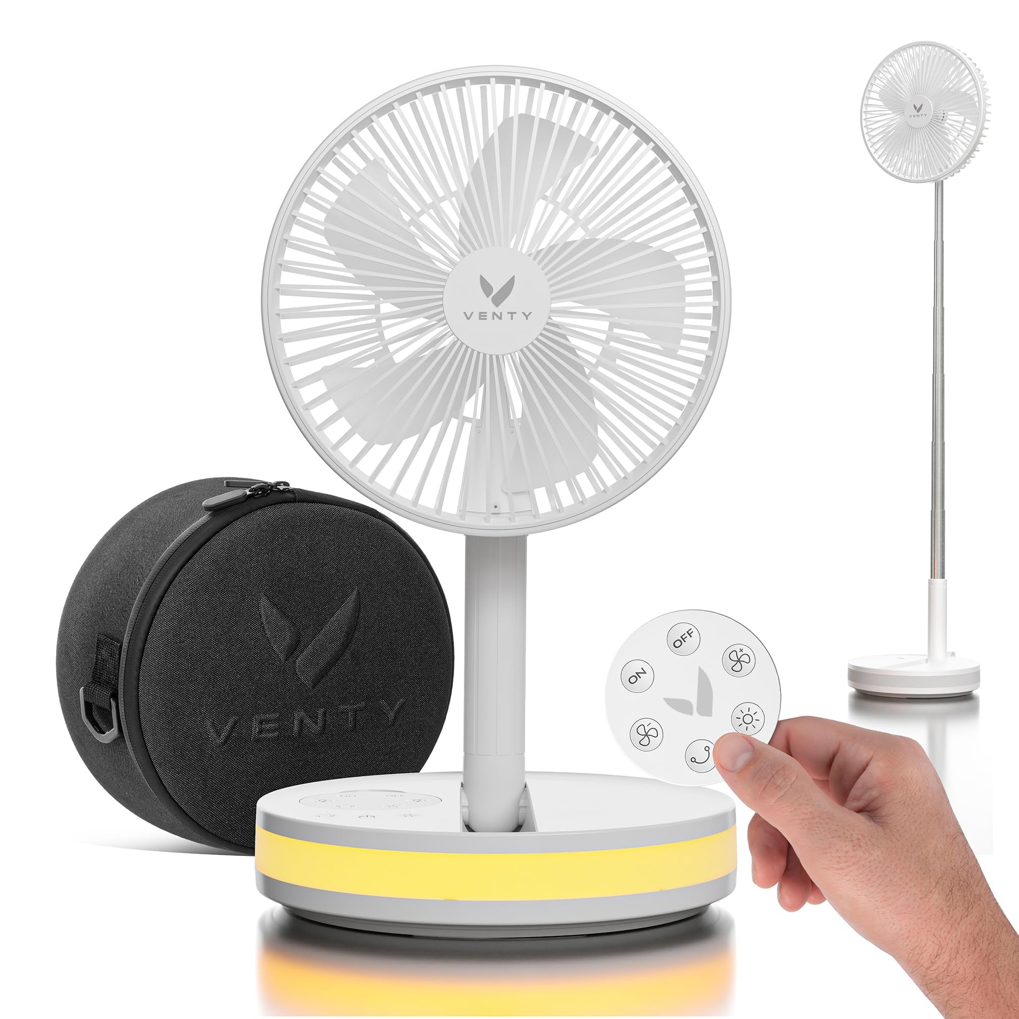 VENTY Portable Fan - Wireless Battery Operated Fan - 4 Speeds - LED Lighting - Carry Case & Remote Control - Cruise Travel - Outdoor Travel RV Power Bank With USB-C Port (Black with Case)