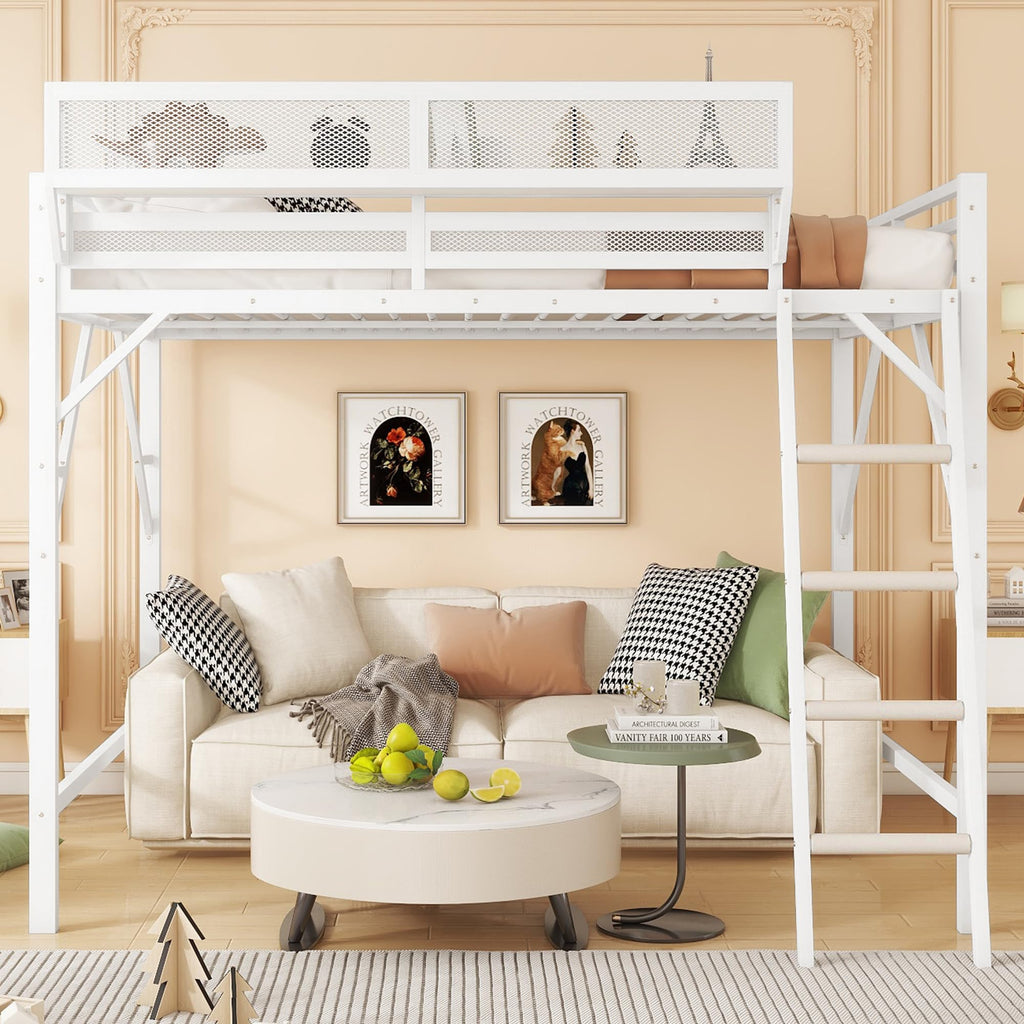 Mirightone Full Size Loft Bed with Stairs, Metal Loft Beds, High Loft Bed Frame with Storage Shelves, Lofted Full Bed with Wardrobe for Kids and Teens, No Box Spring Needed (Black)