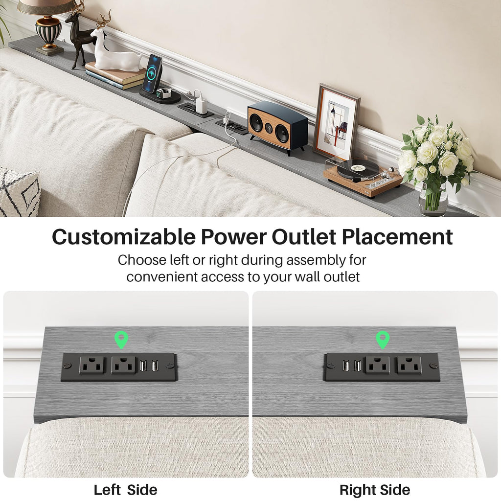 Kitstorack Narrow Sofa Table with Charging Station, 78.8" Behind Couch Table, Adjustable 24.4"-32.7" Height, Modular 2-piece Design for sectionals, entryways, Apartments, and Narrow Living Spaces