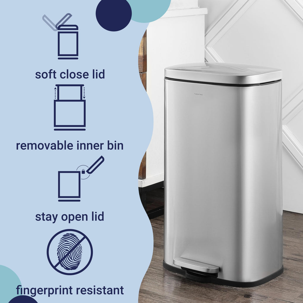 happimess HPM1011B Curtis 8-Gallon Step-Open Trash Can with Soft-Close Lid, Modern, Minimalistic, Fingerprint Proof for Home, Kitchen, Laundry Room, Office, Bedroom, Bathroom, Black