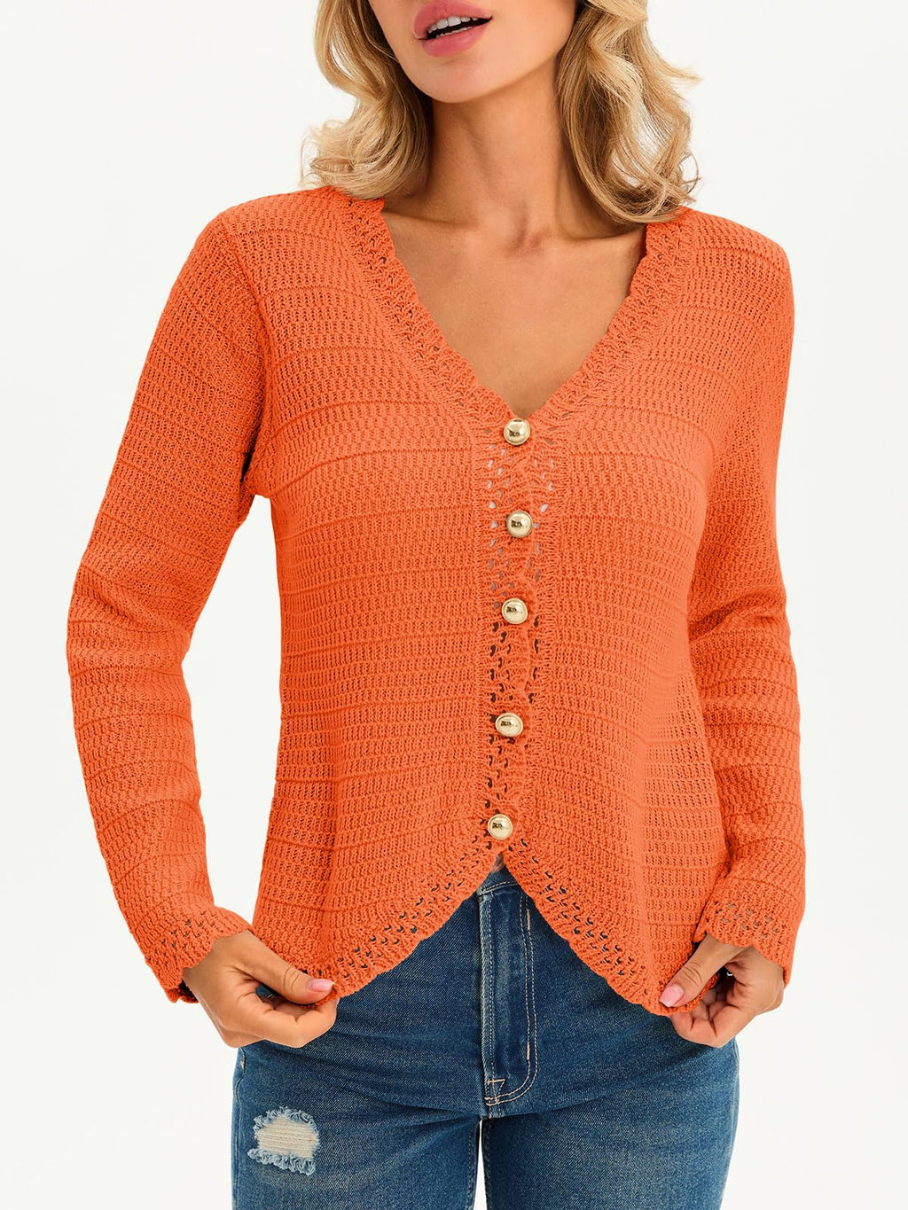 Saodimallsu Womens V Neck Cardigan Sweaters Button Up Cropped Boho Knit Long Sleeve Loose Trendy Sweater Tops