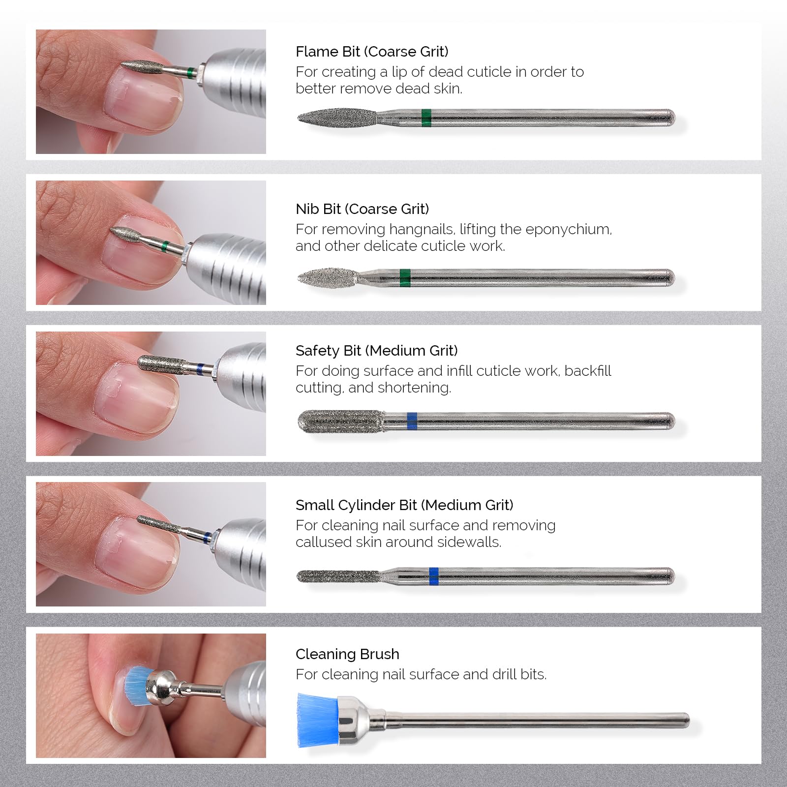 MelodySusie 10pcs Nail Drill Bits Set, 3/32 Inch Diamond Cuticle Bits for Nail Drill E-File, Manicure Pedicure Remover Tools for Acrylic Gel Nails, Salon Home Use Nail Care Supplies, Rainbow