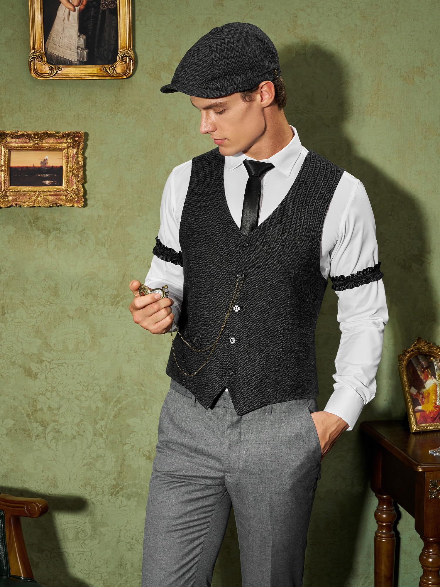 YESSA 1920s Mens Costume,Roaring 20s Costumes for Men,Gatsby Costume Men,1920s Mens Outfit Hat Vest Pocket Watch Tie