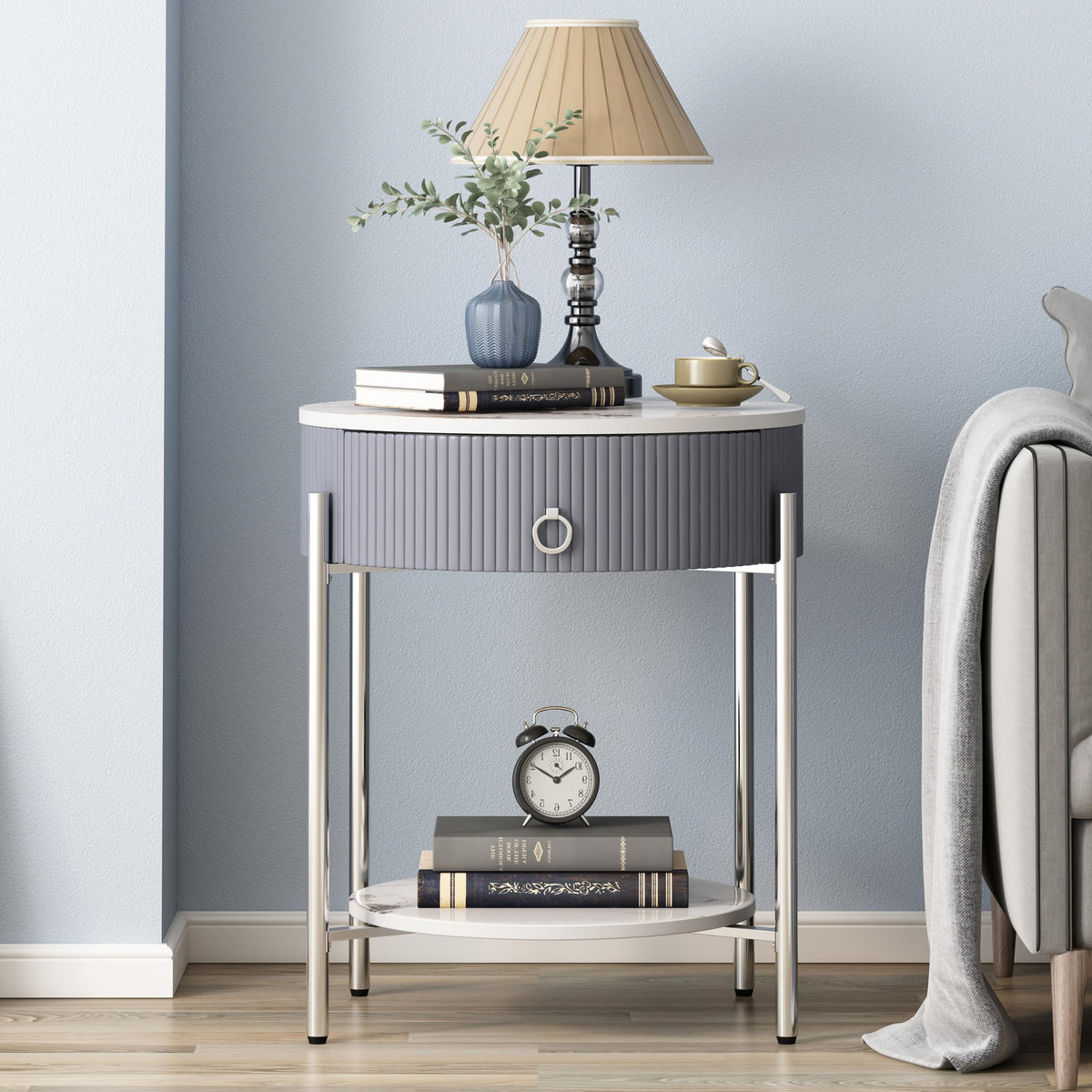 OIOG Modern Side Table with Drawer, Industrial 2 Tier End Table with Shelf, Wood Grain Nightstand with Storage for Living Room, Bedroom, Office, Dorm, Black