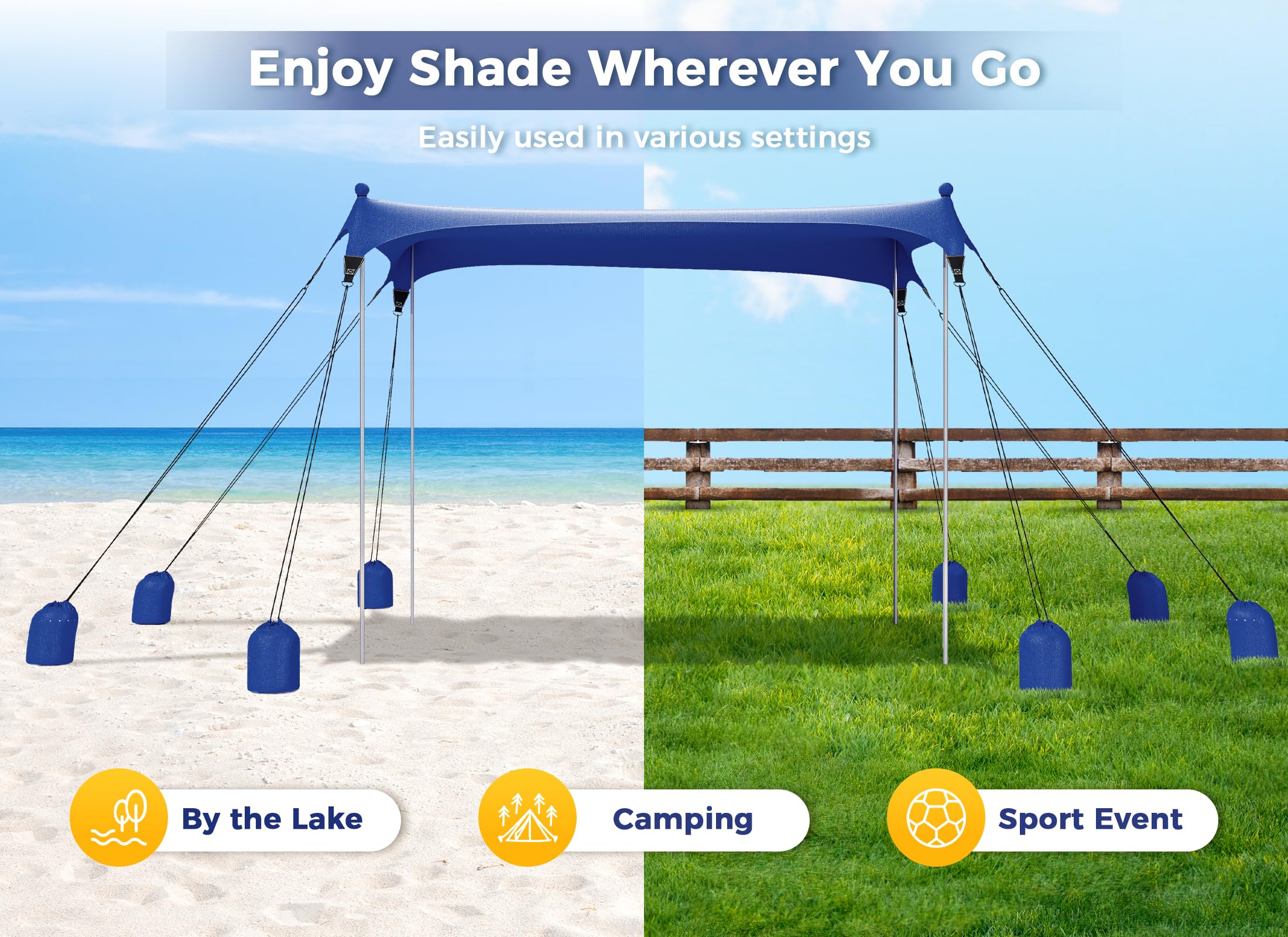 Gorich Beach Tent Sun Shelter with 8 Sandbags, UPF50+ Protection & Windproof Pop Up Beach Canopy Tent Sun Shade for Family, Travel & Camping, Easy Setup Canopy Umbrella