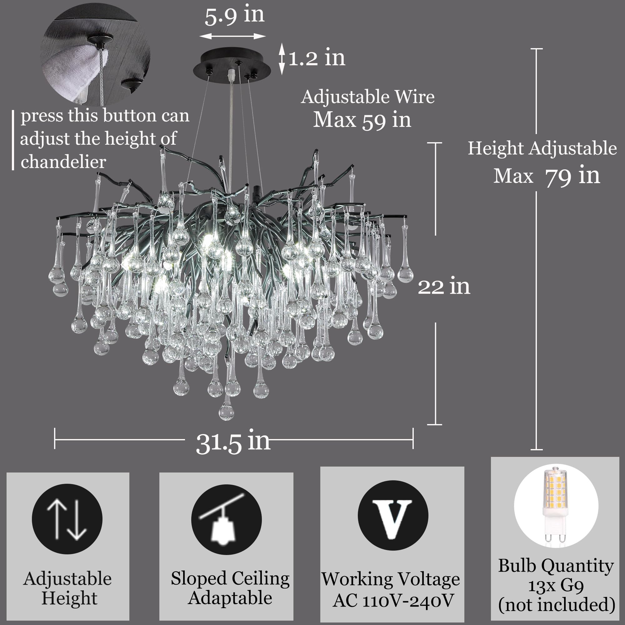 Modern Crystal Raindrop Chandelier, L40'' Black Linear Rectangle Art Deco Tree Branch Lighting Fixture for Kitchen Island Living Room Foyer Staircase 10 Lights