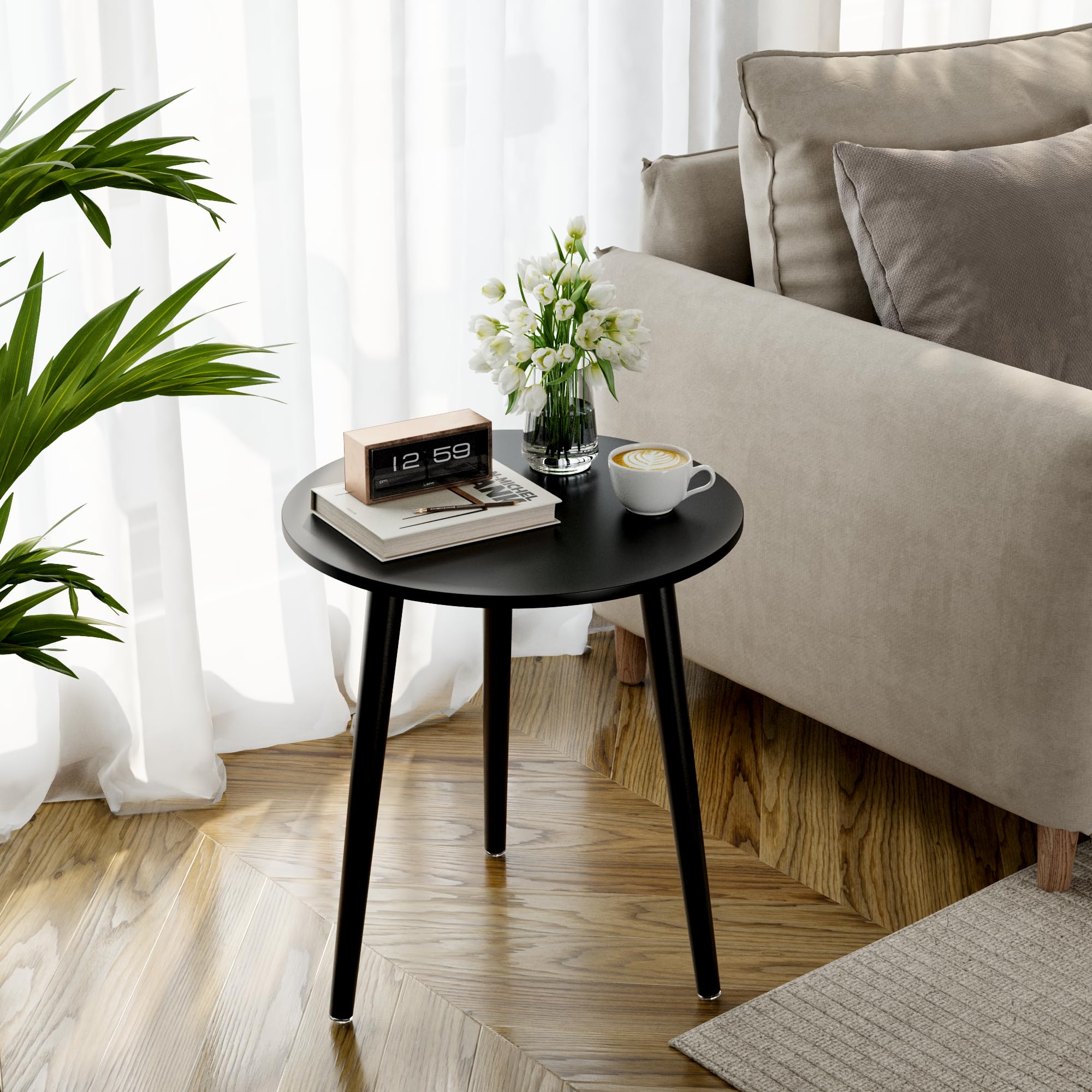 Apicizon Black Round Side Table, Black End Table Bedside Table Nursery with Wood Legs, Nightstand for Living Room, Bedroom, 16.5 x 20.5 Inches