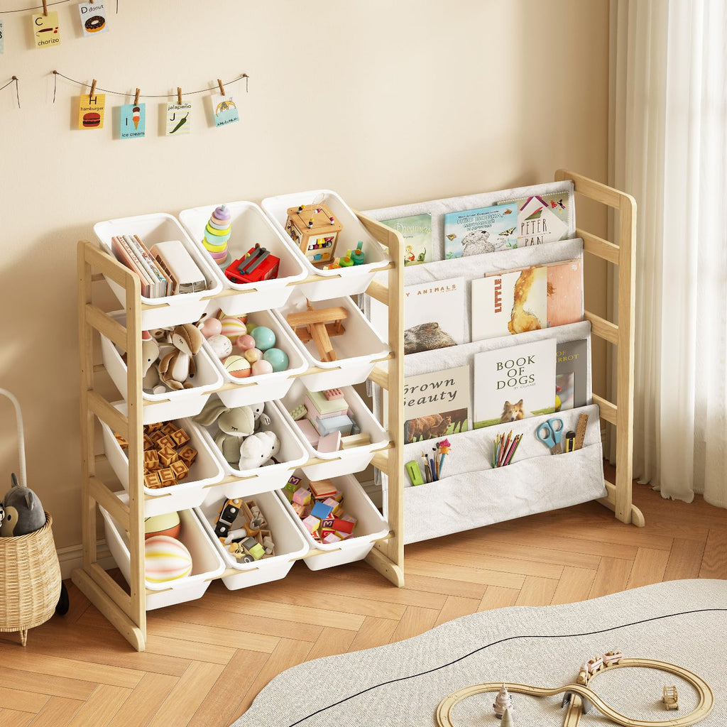 EXPERLAM Toy Storage Organizer with Bookshelf - 12 Storage Bins 4-Tier Multipurpose Shelf to Organize Toys and Books for Kids Room, Playroom, Nursery Room, Blue