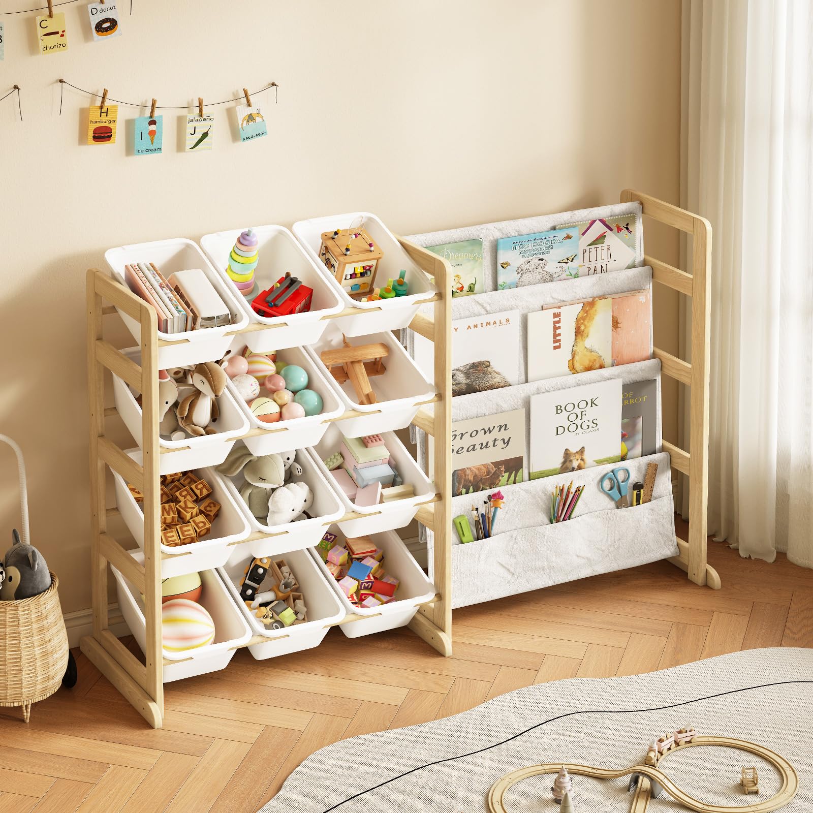 EXPERLAM Toy Storage Organizer with Bookshelf - 12 Storage Bins 4-Tier Multipurpose Shelf to Organize Toys and Books for Kids Room, Playroom, Nursery Room, Blue