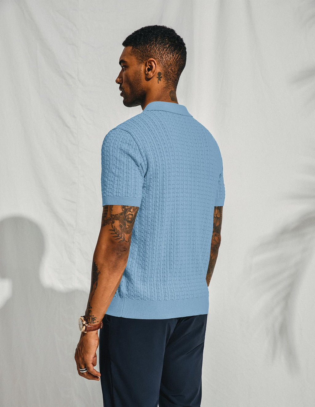 PJ PAUL JONES Mens Knit Polo Shirt Short Sleeve Hollow Out Knit Shirt Texture Knitted Polo