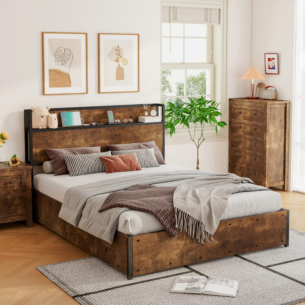 LUXOAK Full Size Lift Up Storage Bed, Wood Platform Bed Frame with Storage Headboard & Charging Station, No Box Spring Needed, Easy Assembly, Black
