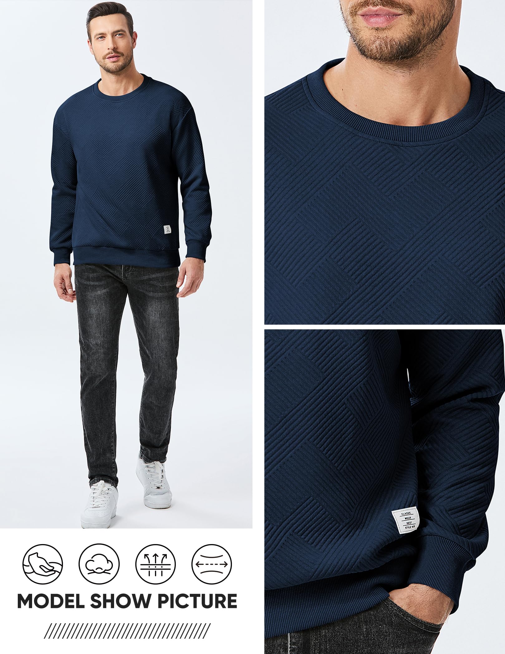 Dokotoo Men Men's Crewneck Sweatshirts Soild Color Geometric Texture Long Sleeve Casual Pullover Shirt