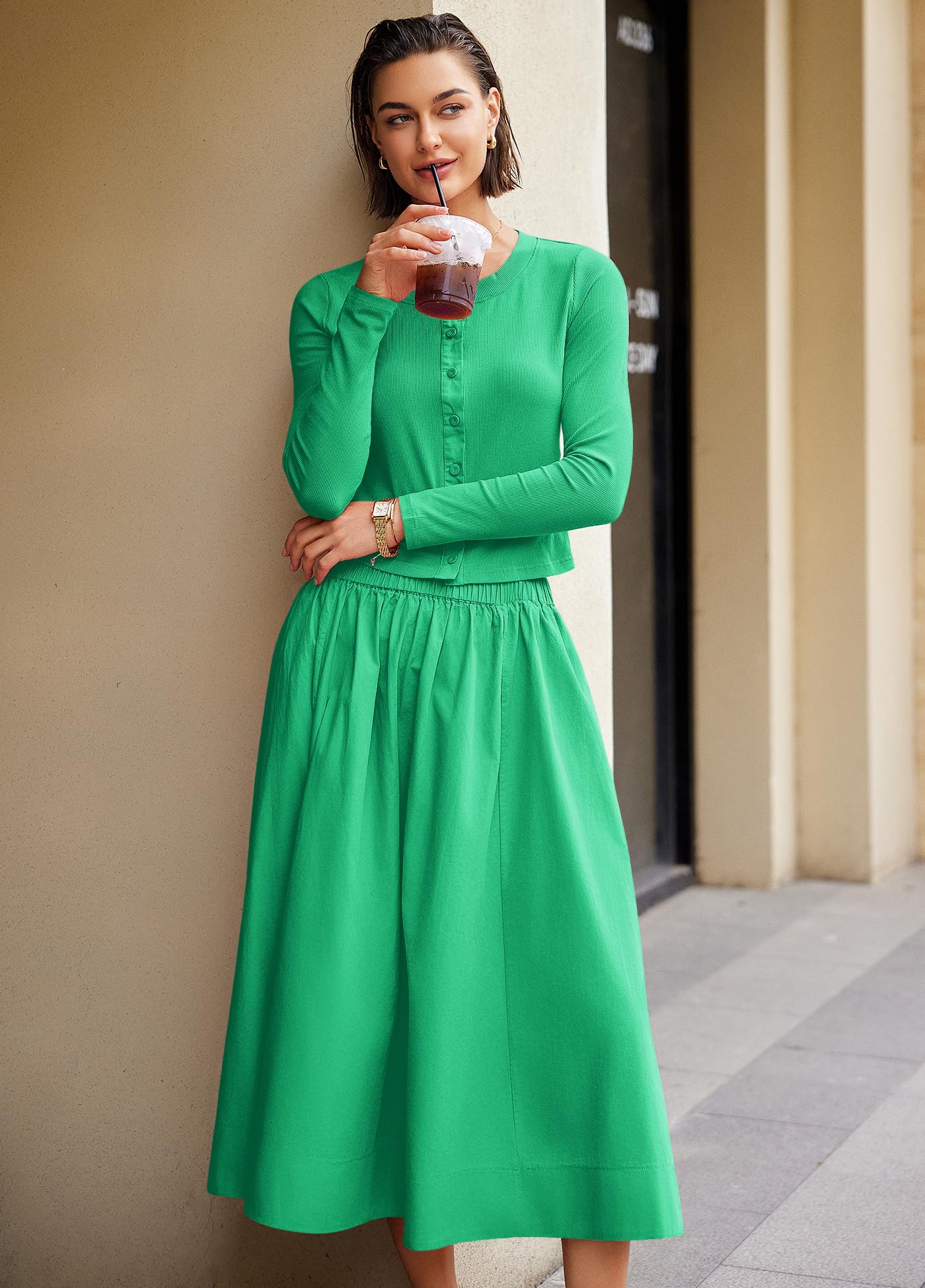 Panadila Womens 2 Piece Lounge Sets Matching Vacation Outfits Ribbed Button Down Cardigan and Elastic Waist Skirt Sets