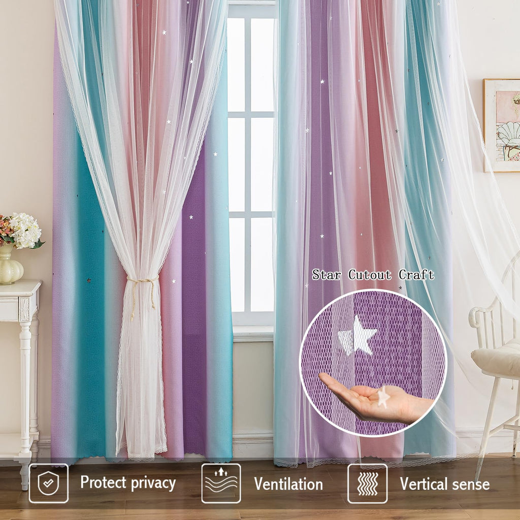 Anytime Star Cut-Out Blackout Curtains for Bedroom 2 Panels,2-Layers Mix Design of Fabric & Tulle,Pretty Pure Color Window Curtain for Kids Room(W35 x L45,LPink)