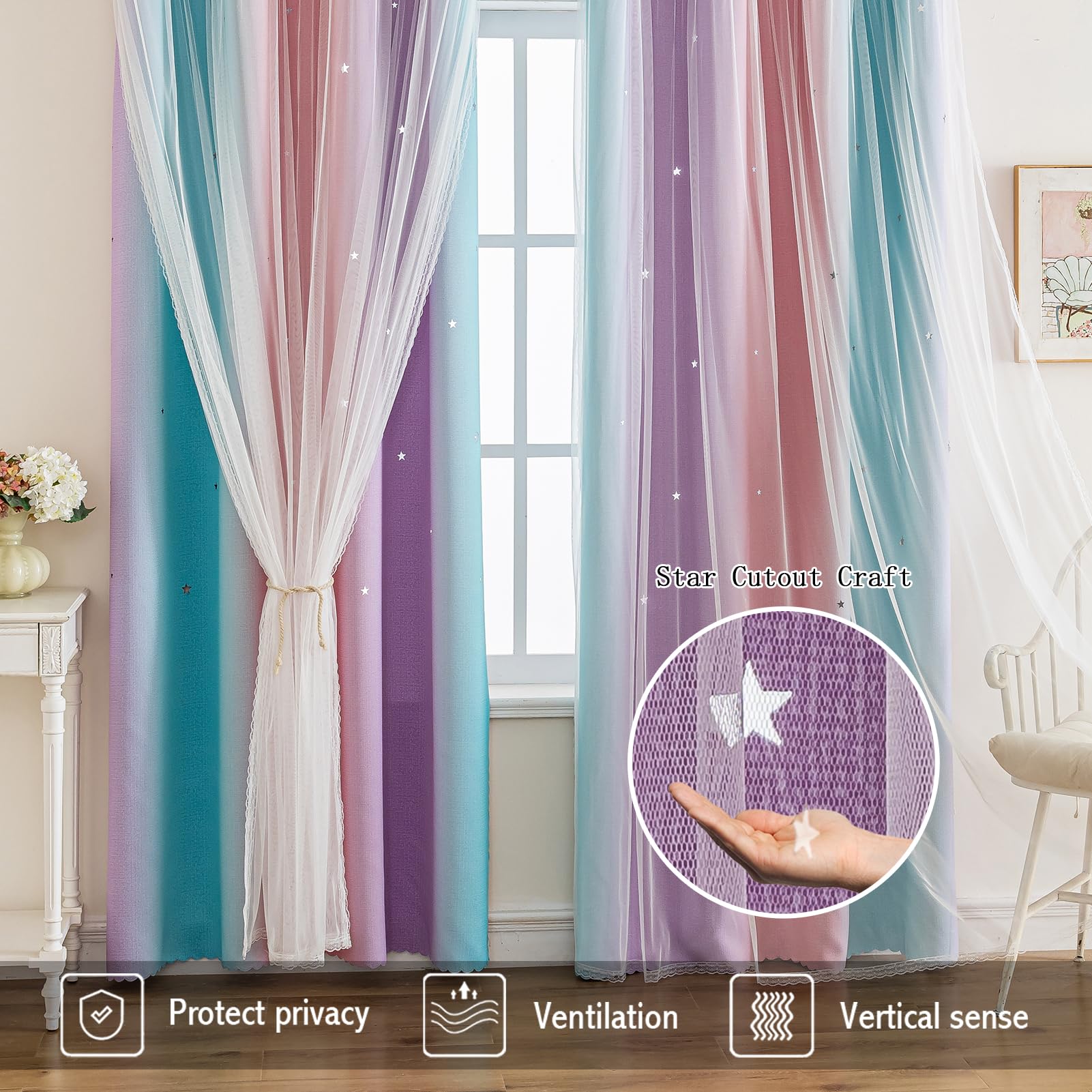 Anytime Star Cut-Out Blackout Curtains for Bedroom 2 Panels,2-Layers Mix Design of Fabric & Tulle,Pretty Pure Color Window Curtain for Kids Room(W35 x L45,LPink)