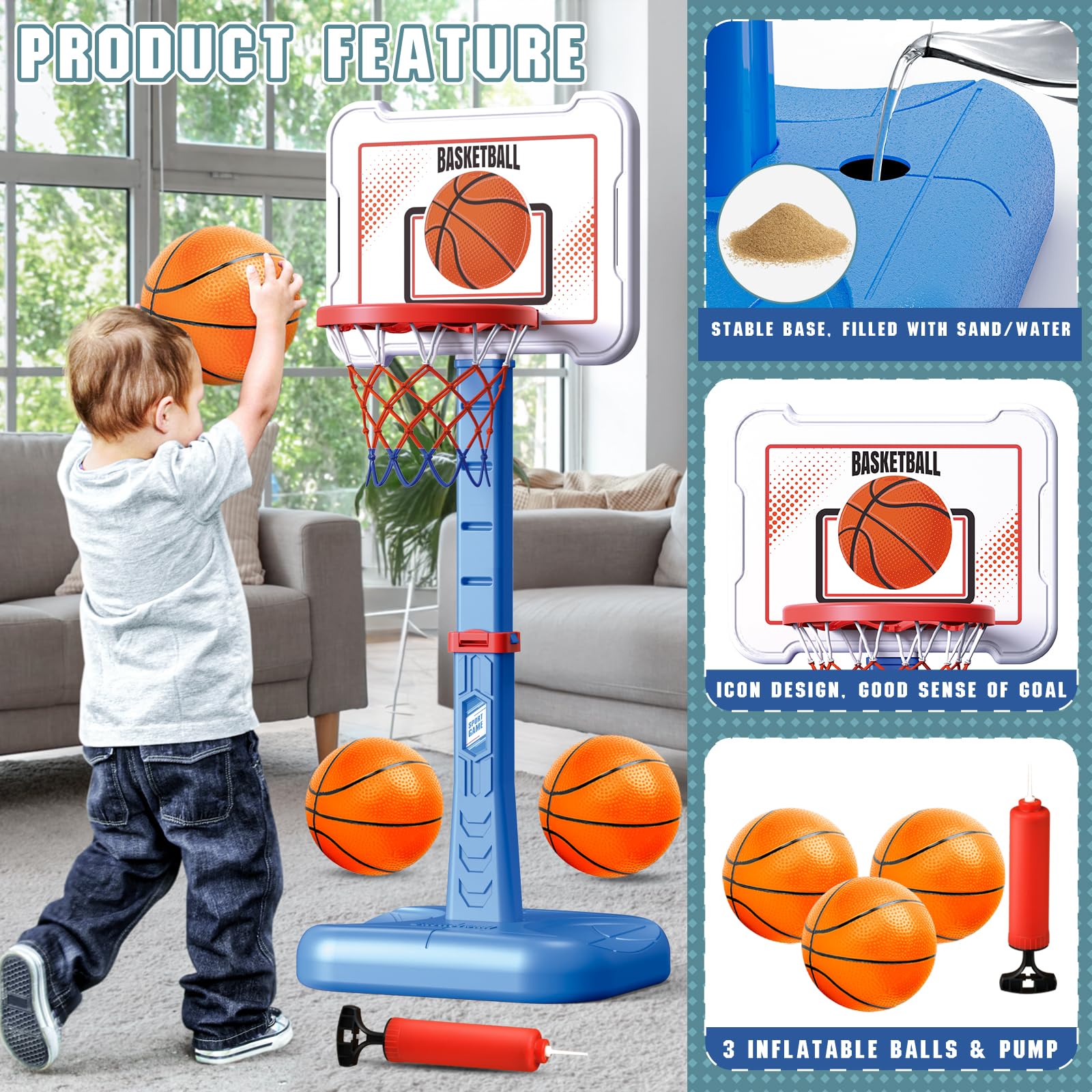 Toddler Basketball Hoop Indoor for Age 1-3, Height Adjustable Poolside Basketball Hoop with 3 Balls for Outdoor Game, Basketball Goal Sport Toys Birthday for Boys Girls 1 2 3 Year