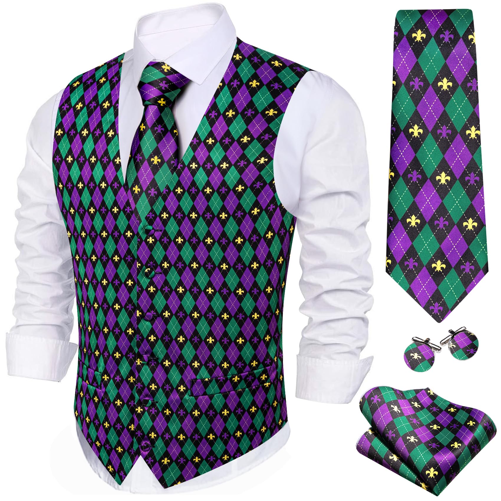 Barry.Wang Men's Suit Vest Formal/Leisure Paisley Jacquard Silk Tie Pocket Square Waistcoat Set Wedding 5PCS
