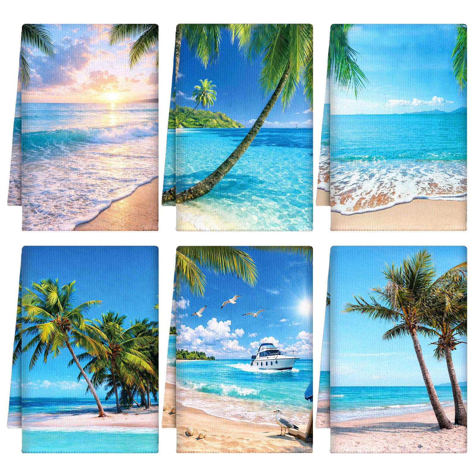 Breling Set of 6 Summer Beach Kitchen Towels Coastal Dish Towel Bathroom Decorative Sea Palm Trees Cloths for Kitchen Bathroom Home Cooking Housewarming Gifts, 14 x 21 Inch