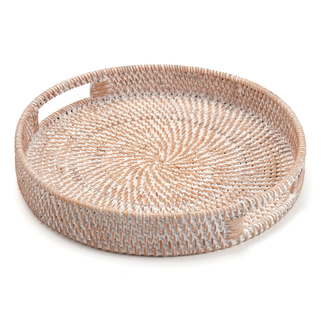 Round Rattan Serving Tray Decorative Woven Ottoman Trays with Handles for Coffee Table Natural (Small 11.8 inch x 2 inch)