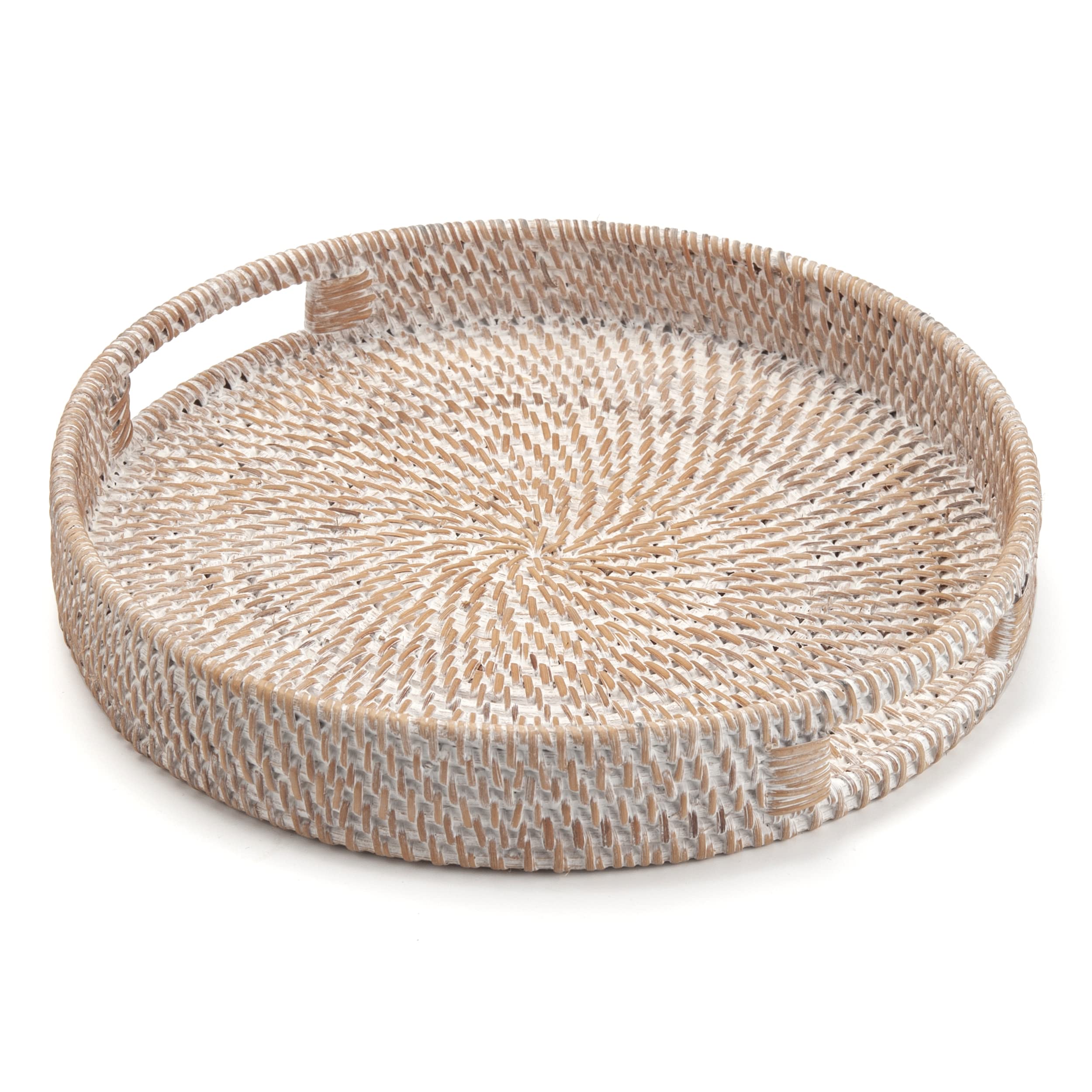 Round Rattan Serving Tray Decorative Woven Ottoman Trays with Handles for Coffee Table Natural (Small 11.8 inch x 2 inch)