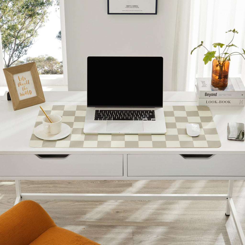 Ohocut Checkered Desk Mat, Large Cute Aesthetic Retro PU Leather Computer Laptop Desk Mat, Non-Slip Waterproof Mouse Keyboard Pad, Desk Writing Mat for Work/Home (Beige, 23.6" x 13.7")