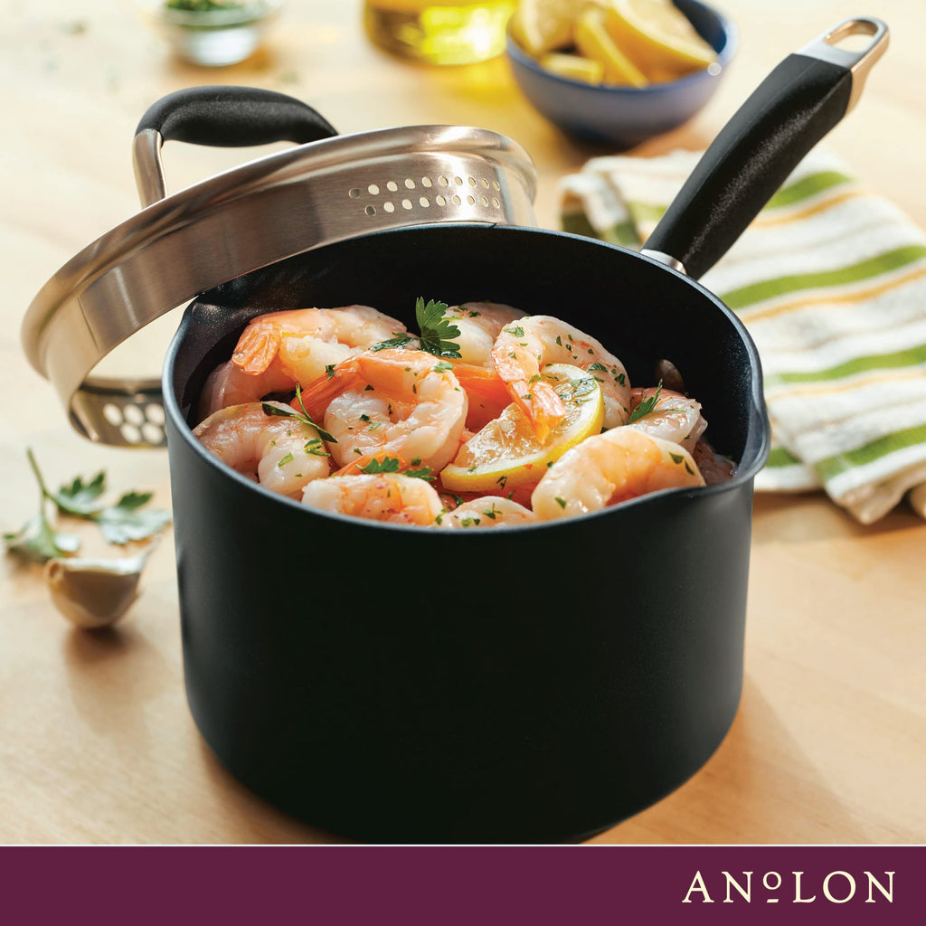 Anolon Advanced Home Hard Anodized Nonstick Sauce Pan/Saucepan with Straining and Lid, 2 Quart (2 Qt Straining Saucepan, Indigo)
