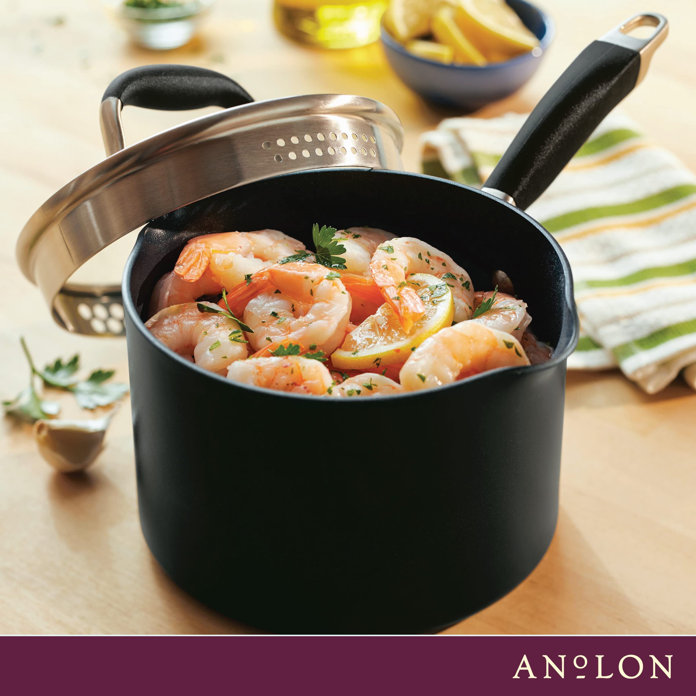 Anolon Advanced Home Hard Anodized Nonstick Sauce Pan/Saucepan with Straining and Lid, 2 Quart (2 Qt Straining Saucepan, Indigo)
