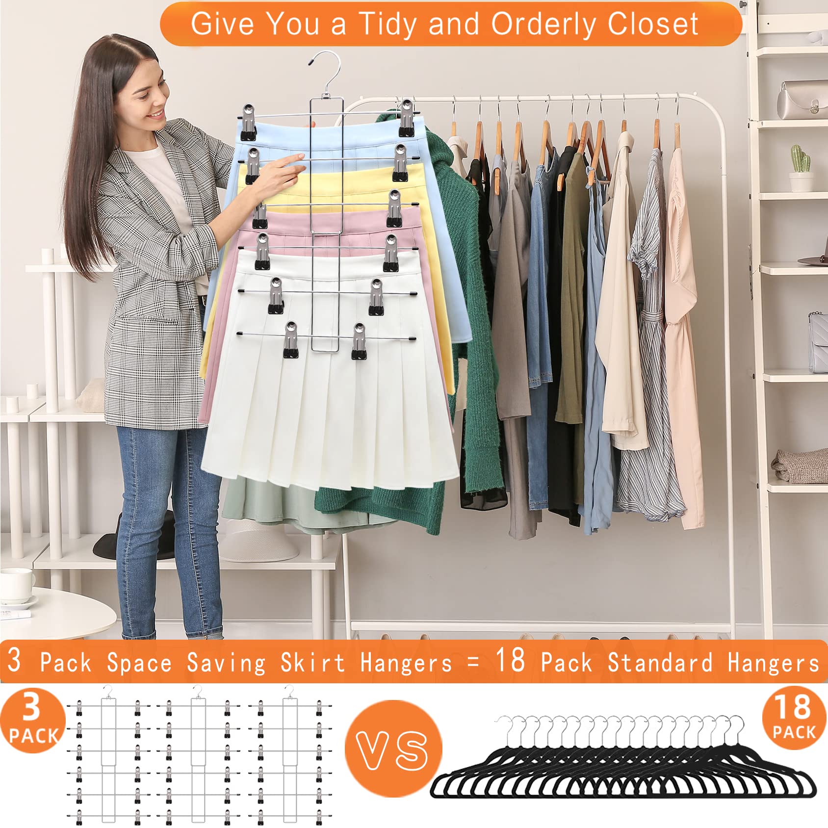 Closet Organizers and Storage, 6 Tier Storage and Organization Pants Hangers Space Saving, Metal Skirt Hangers with Adjustable Clip, 360° Swivel Hook, Dorm Room Essentials for College Students Girls