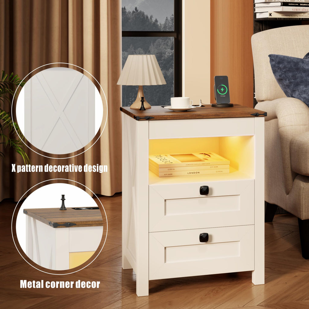 TAGELIER Farmhous Nightstand with Gun Drawer,Bedside Table with Charging Station, Gun Night Stand with LED Light & Human Sensor,Smart End Table for Bedroom, Black