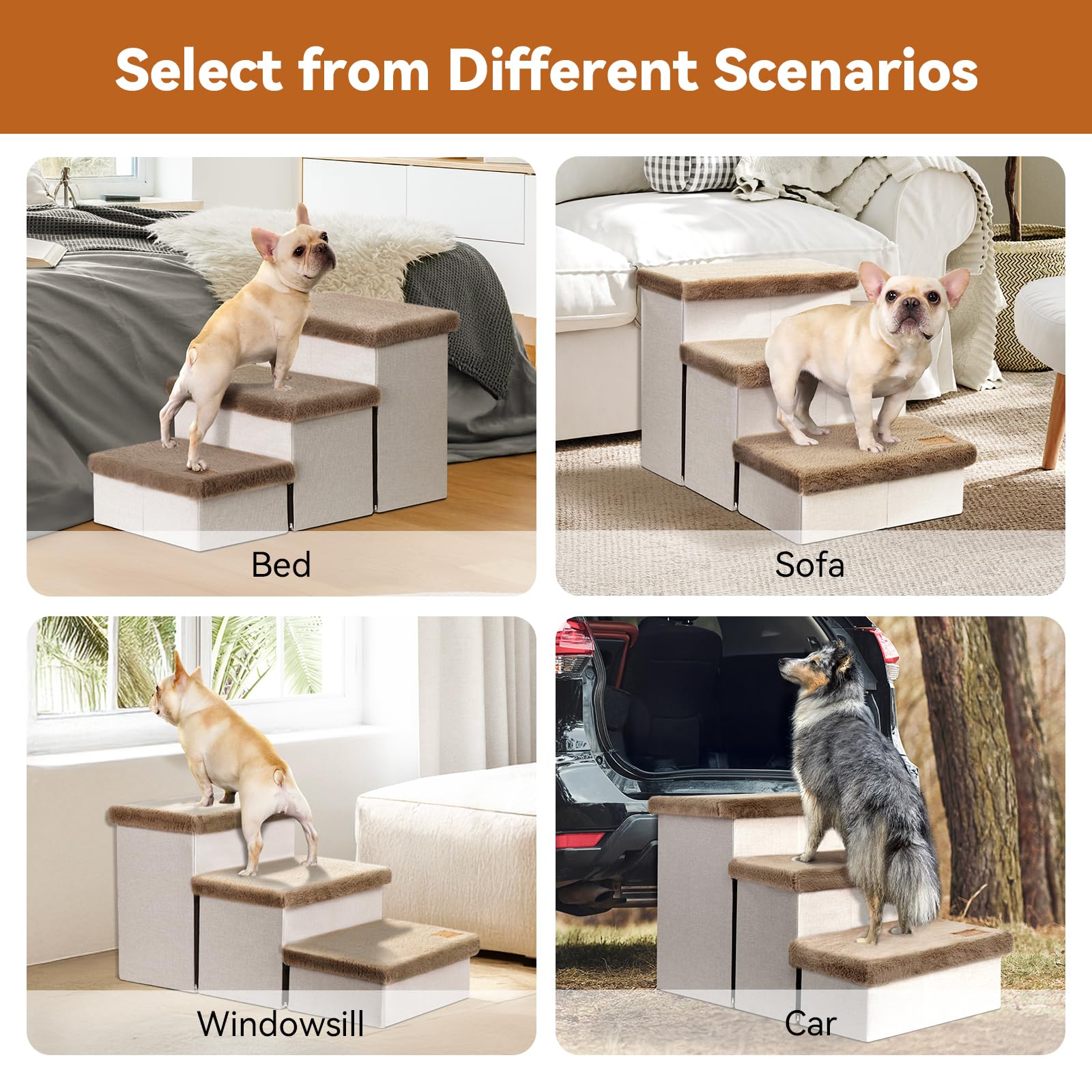 Zerbuger Dog Stairs with Condo 15" H, 2-Step Wider Dog Steps for Small/Medium/Large Old Dogs Cats, Folding Sturdy Storage Pet Stairs Climbing Bed Couch, Ramp for Car Hold Up to 150 lbs, Beige