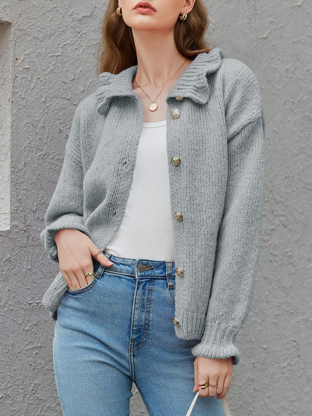 Saodimallsu Womens Ruffle Cardigan Oversized Button Up Fall Trendy Ribbed Knit Open Front Long Sleeve Loose Cute Sweater