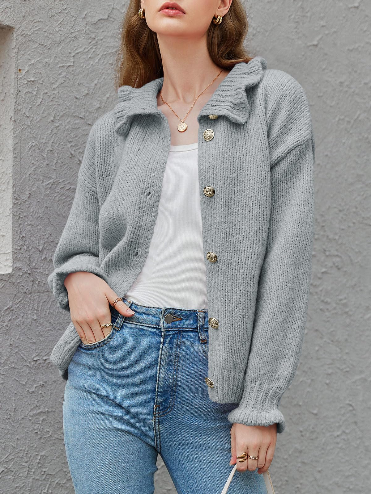 Saodimallsu Womens Ruffle Cardigan Oversized Button Up Fall Trendy Ribbed Knit Open Front Long Sleeve Loose Cute Sweater