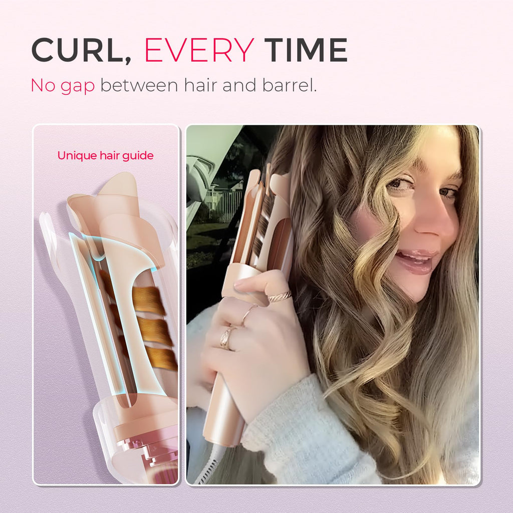 TYMO Automatic Rotating Curling Iron - TYMO CURLPRO Beach Waves Curling Wand, Portable Hair Curler, 500 Million Ionic, Dual Voltage & Lightweight for Travel, Ceramic Coating, 1 Inch, Pink