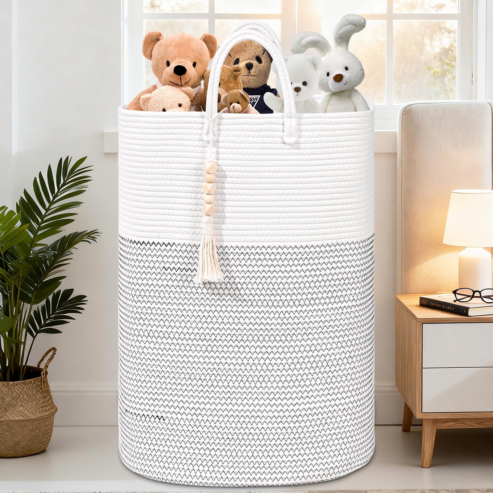 Woven Laundry Basket for Clothes, 50L Large Rectangle Laundry Hampers with Beads Tassel, Nursery Storage Basket for Toys, Tall Dirty Clothes Hamper for Bedroom Aesthetic, Laundry Room Organization