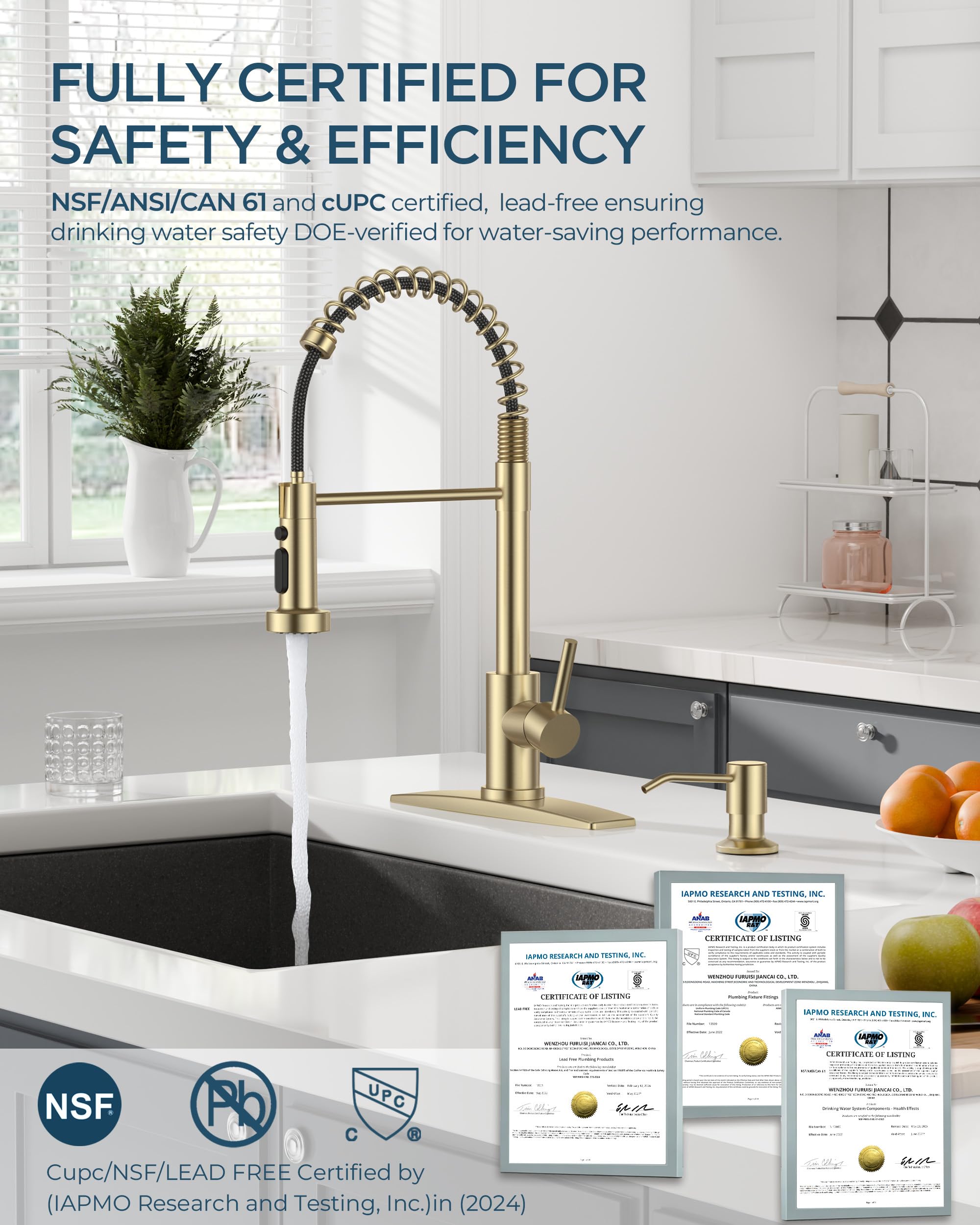 FORIOUS Kitchen Faucet with Soap Dispenser, Gold Stainless Steel Single Handle Modern Spring Commercial Sink Faucet with Pull Down Sprayer for Laundry & Utility Room RV Camp Bar Farmhouse