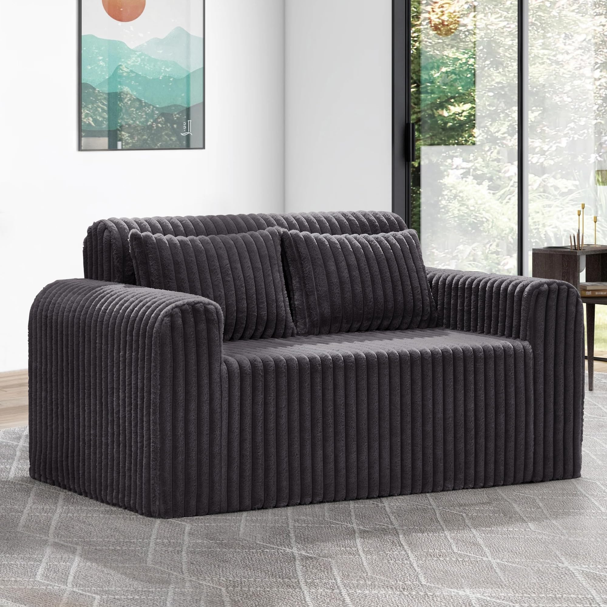 Hobestluk Single Sofa Foam Couch Sofa for Small Spaces Comfy Sofas with Removable Cover Furry Couch with Pillows for Living Room, Bedroom, Apartment, Office (Black, Standard)