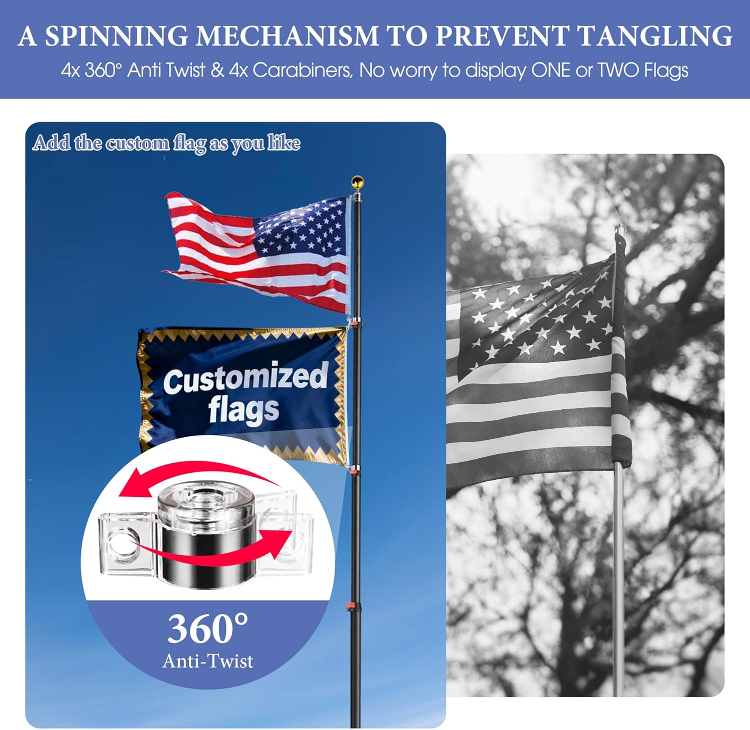 Yeshom 20Ft Black Telescopic Aluminum Flag Pole Fly 2 Flags 3'x5' US Flag & Ball Top Kit Telescoping Flagpole Yard Outdoor Garden