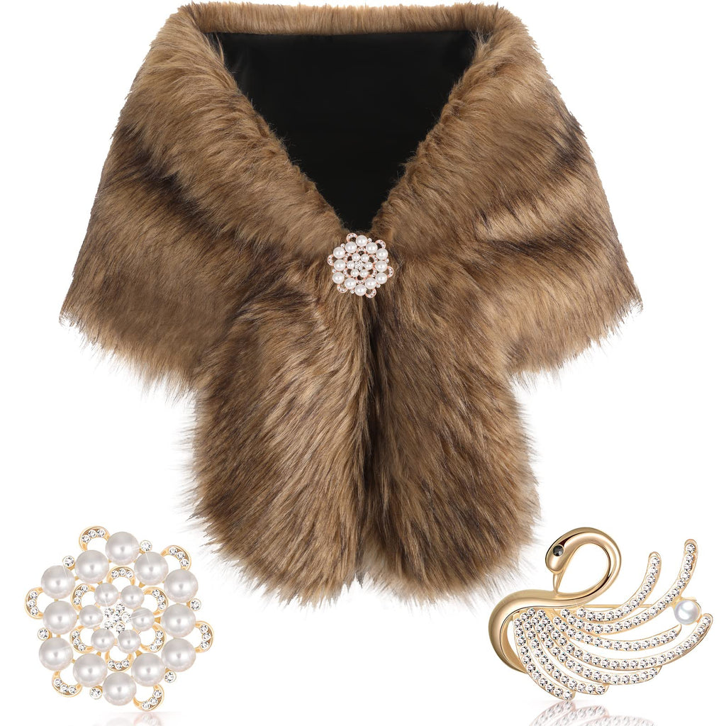 Geyoga Faux Fur Shawl Wrap Stole Shrug Winter Bridal Wedding Scarf Wrap with Faux Pearl Rhinestone Brooches for Women 1920s